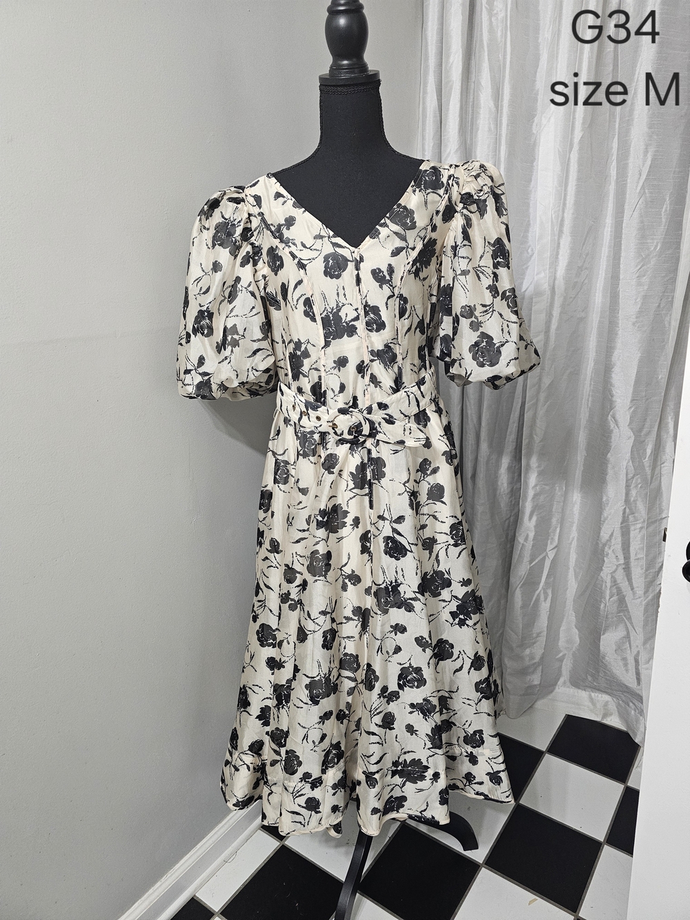 Ivory and Black Floral V-Neck Midi Dress with Puff Sleeves